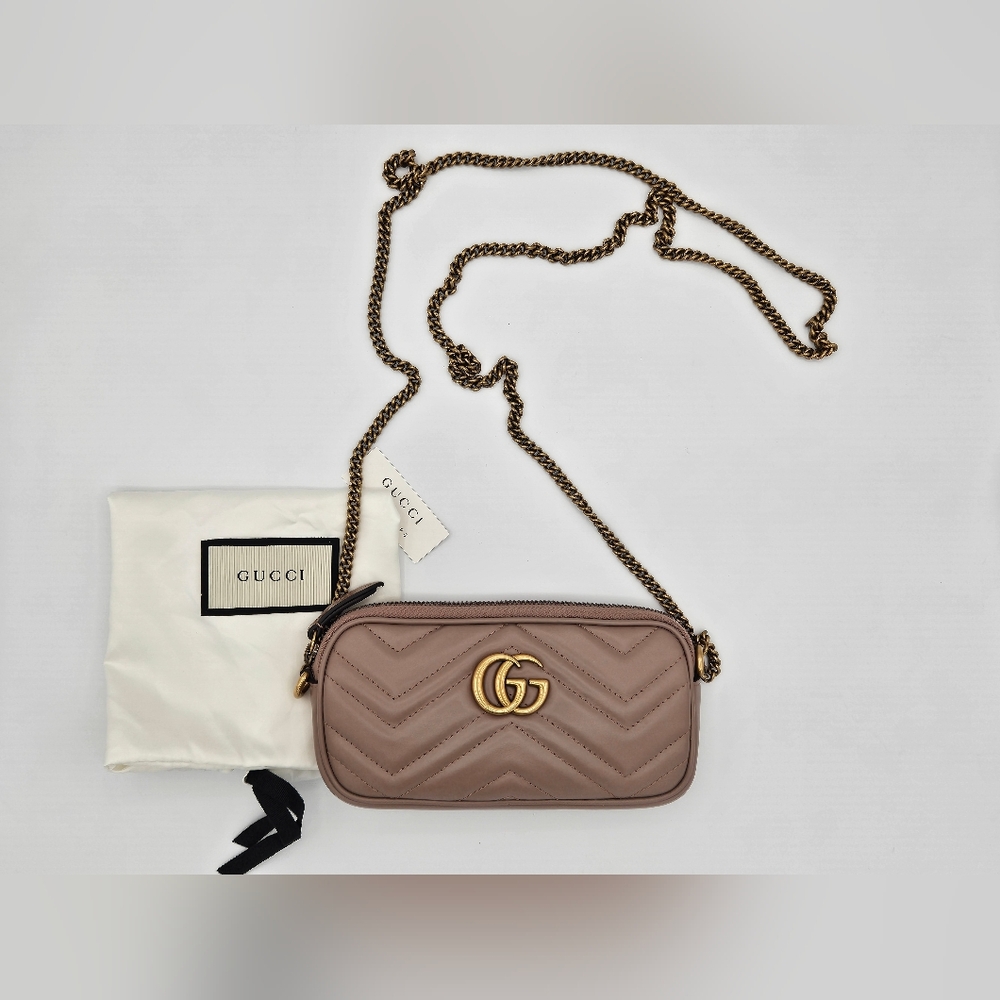 Authentic Gucci GG Marmont Matelasse Leather Mini Chain Bag In Porcelain Rose